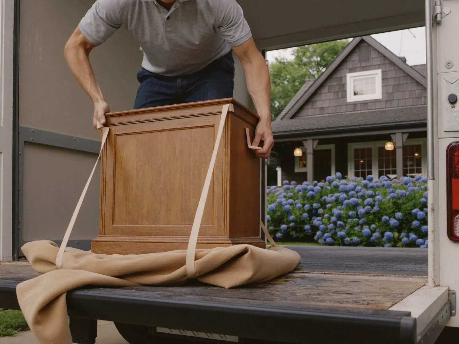 A mover carefully strapping a wooden cabinet onto a padded truck bed
