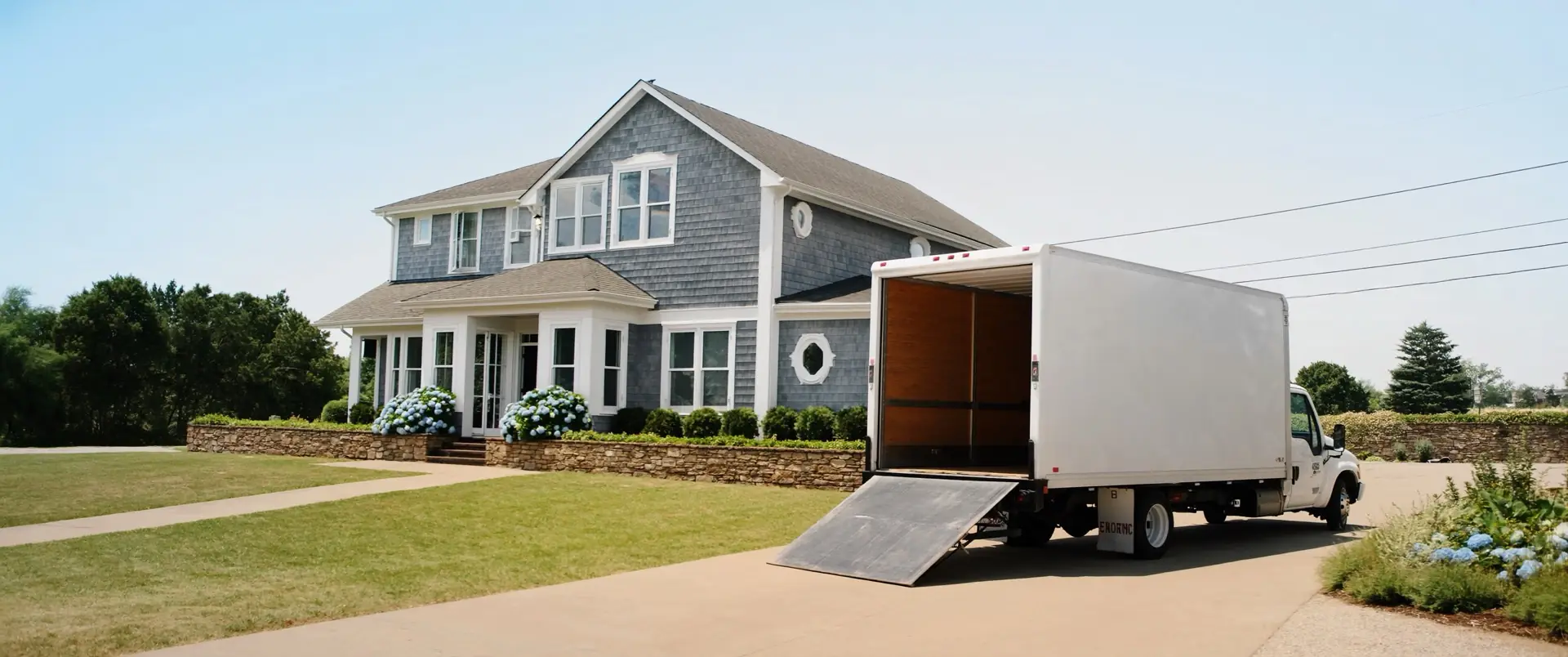 A white box truck with its ramp down in the driveway of a gray-shingled Cape Cod house
