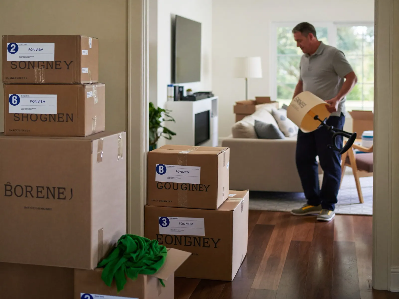 A mover holding a roll of packing tape in a living room with labeled boxes stacked nearby